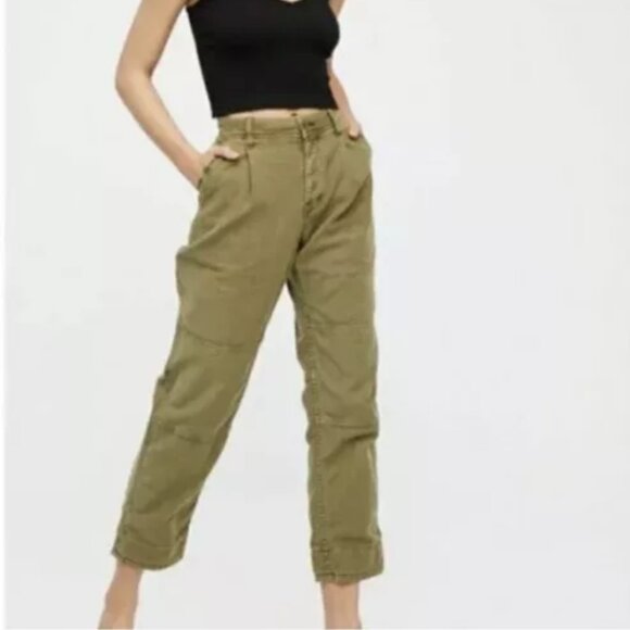 FREE PEOPLE High-Rise Button-Fly Moss Green Utility Boyfriend Pant Size 25 - Picture 2 of 16